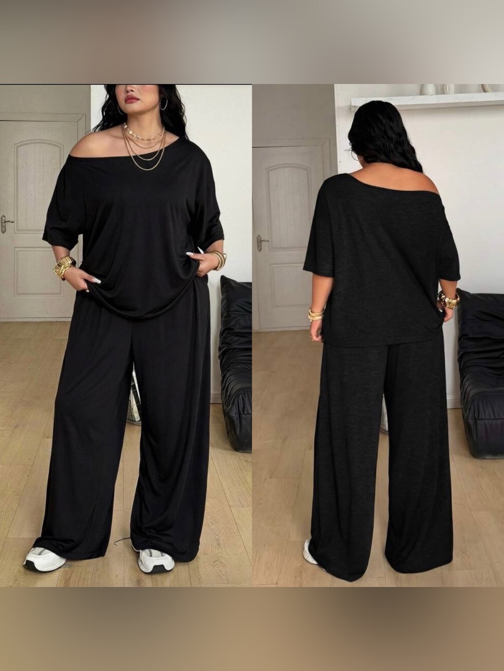 SHEINCurve Black Off-Shoulder Wide-Leg 2 piece set
